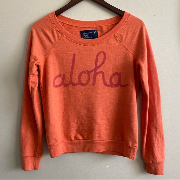 American Eagle Orange Crewneck Pullover Aloha Graphic Sweatshirt Size XS - Picture 3 of 7
